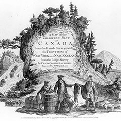 Black and white illustration of two Europeans trading with two Natives near the foot of a mountain, next to a natural stream.