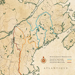 Colour map of south eastern Quebec. You can see the different colored paths and rivers used by Abenakis during migrations to the north.