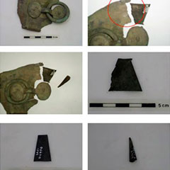 Colour photograph and illustration showing the manufacturing steps of copper cones, made from a piece of copper cauldron.