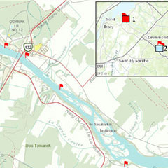 Colour map of the Saint-François River and the surrounding villages. Red flags indicate the archaeological sites.