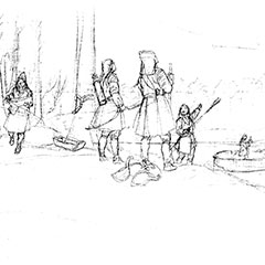 Black and white illustration of six Abenaki hunting and fishing with nets.