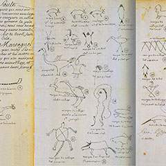 Colour photograph of a document showing various drawings that are the signatures of the Great Chiefs that took part in a treaty.