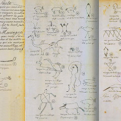 Colour photograph of a document showing various drawings that are the signatures of the Great Chiefs that took part in a treaty.