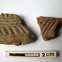 Colour photograph of two pieces of pottery with engraved oblique line patterns.