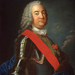 Painting of a man wearing a dark green coat and a red scarf. He has gray curly hair.