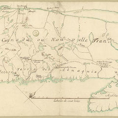 Carte couleur qui représente les territoires des Abénakis, soit le Maine, une partie du Vermont et l'Acacadie. On y retrouve aussi tous les chemins et les portages.