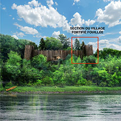 Colour illustration of the Fort d'Odanak with a red square showing an area studied by the archaeologists. The Fort is surrounded by lots of vegetation and is located near a river.