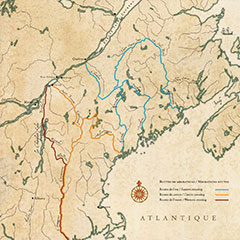 Carte couleur du sud est du Québec. En couleur, on voit des chemins et des rivières empruntés par les Abénakis lors des migrations vers le nord.