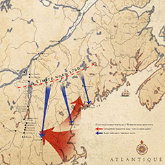 Carte couleur du sud est du Québec. Des flèches rouges présentent les conquêtes territoriales, les flèches bleues démontrent les raids abénakis.