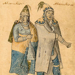Dessin de deux Abénakis vêtu de vêtements de tissus. Tous deux portent des chapeaux en pointe.