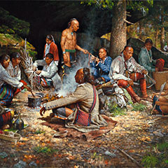 Painting of a trading post and a meal preparation. Aboriginal people are sitting around a fire.