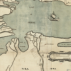 Map of Lake St. Pierre showing a part of the Saint-Francois River. The Crevier fort and the Fort d'Odanak also appear on the map.