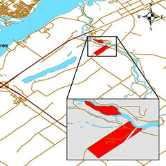 Colour map of the current limits of the Wôlinak community (in red). The St. Lawrence River is also visible.