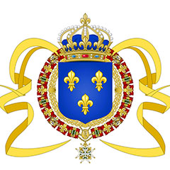 Illustration couleur d'un bouclier à trois fleurs de lys, d'une couronne et d'un ruban jaune.