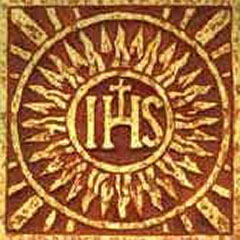 Color illustration of the Society of Jesus, the Jesuits, consisting of a central sun with the IHS letters.