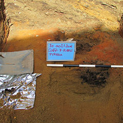 Colour photograph of the remains of a charred post hole and a pit. The soil is reddened by heat.