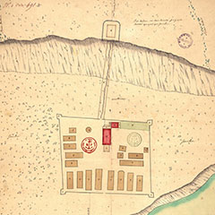 Color plan of the Fort d'Odanak. There are 19 longhouses, a church with its outbuildings and a path leading to a redoubt.
