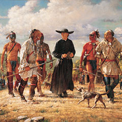 Oil painting of a clergyman wearing all black clothes trading with the members of a northeastern First Nation. A dog is near them.